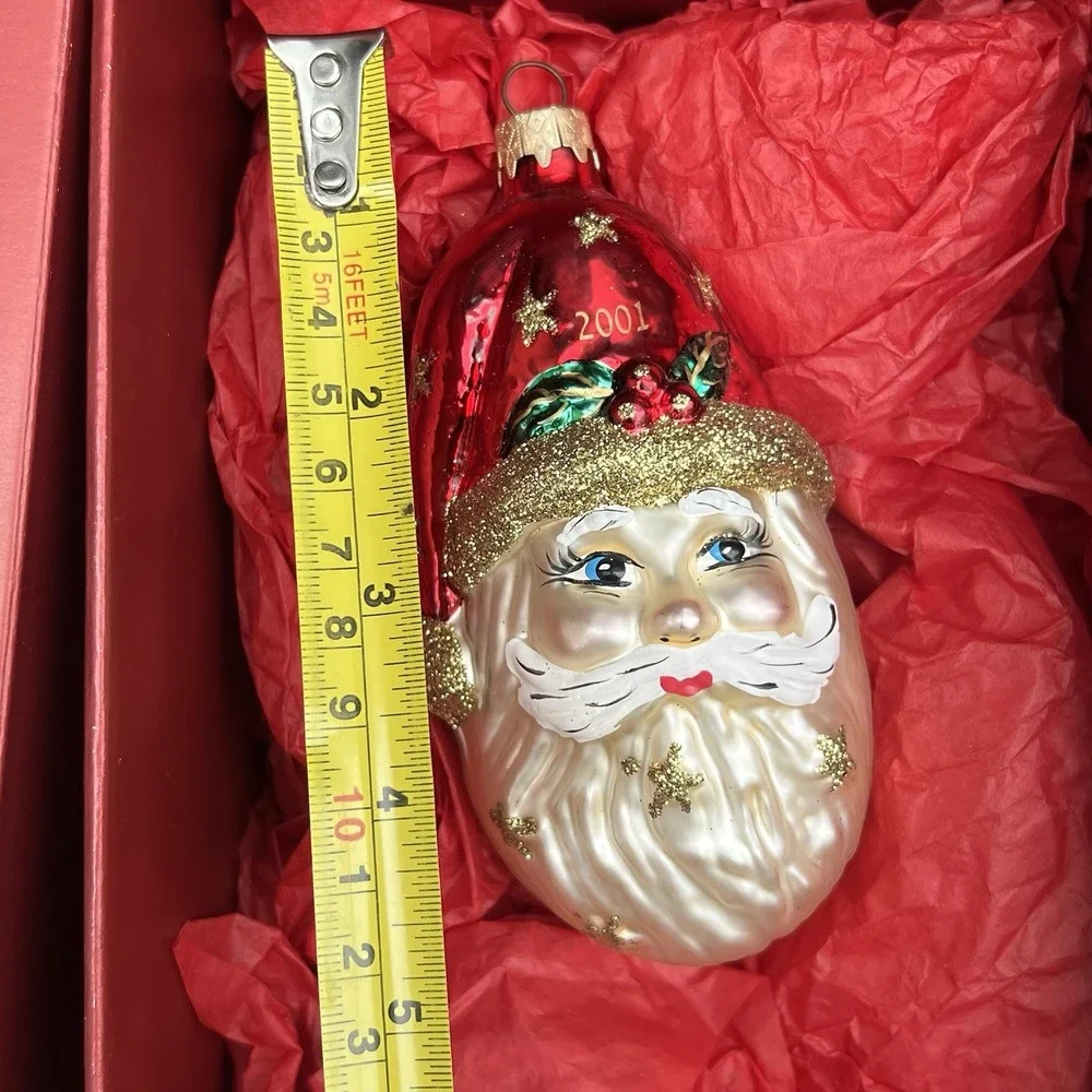 Santa Head Ornament Glass Stars On Hat Beard 2001 Vtg Christmas Decor Y2K Red